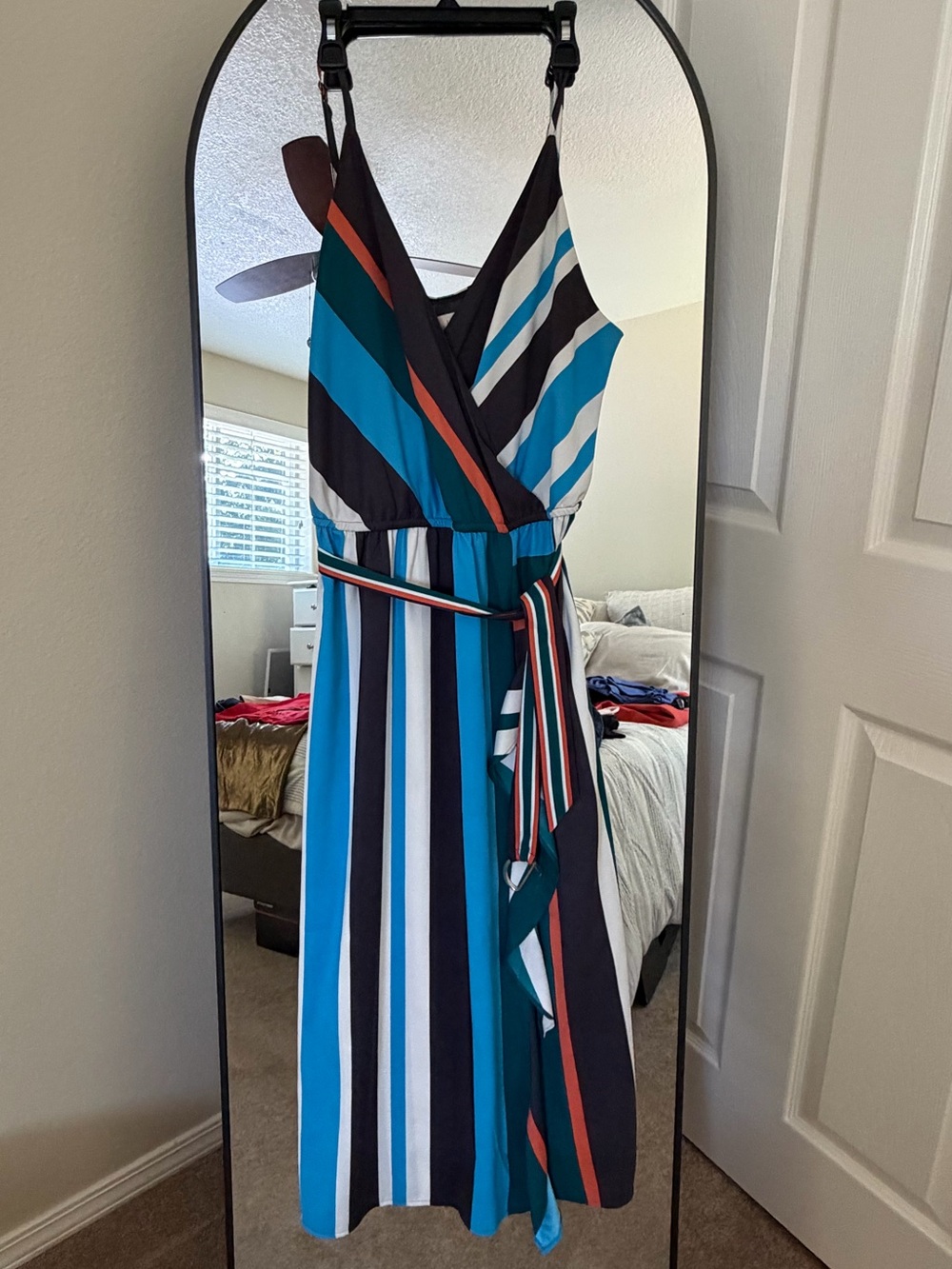 LOFT Teal, Navy, White & Rust Striped Wrap Midi Dress